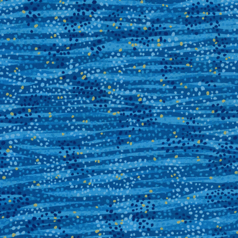 Tonal blue fabric features waves and dots design with gold metallic accents | Shabby Fabrics