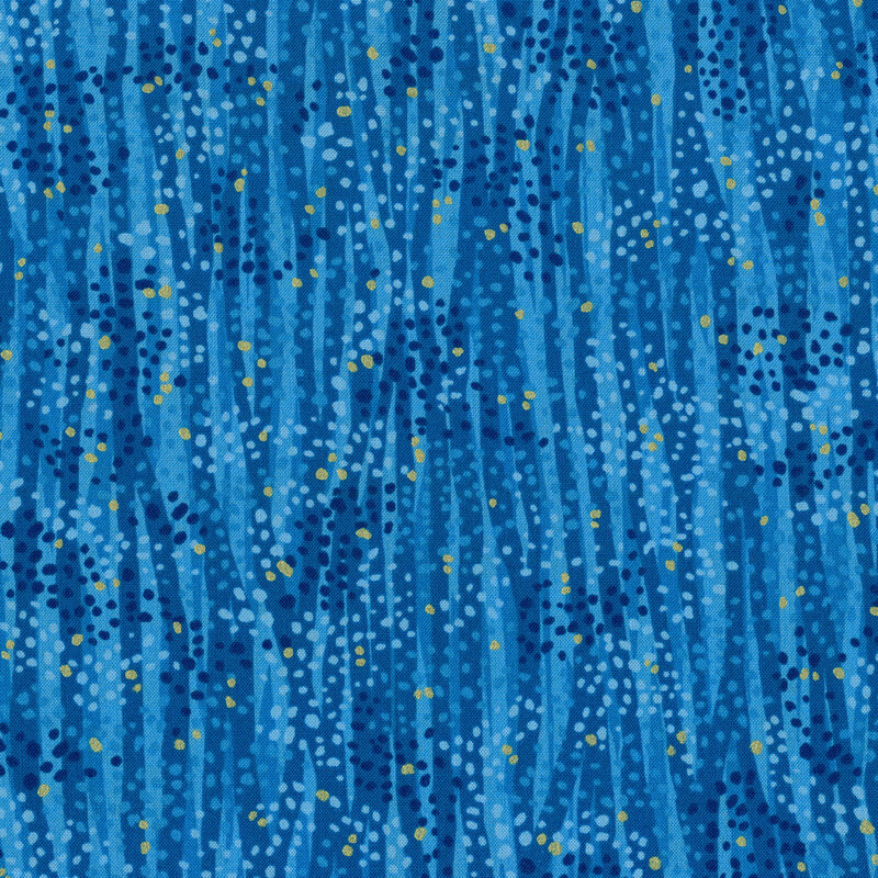 Tonal blue fabric features waves and dots design with gold metallic accents | Shabby Fabrics