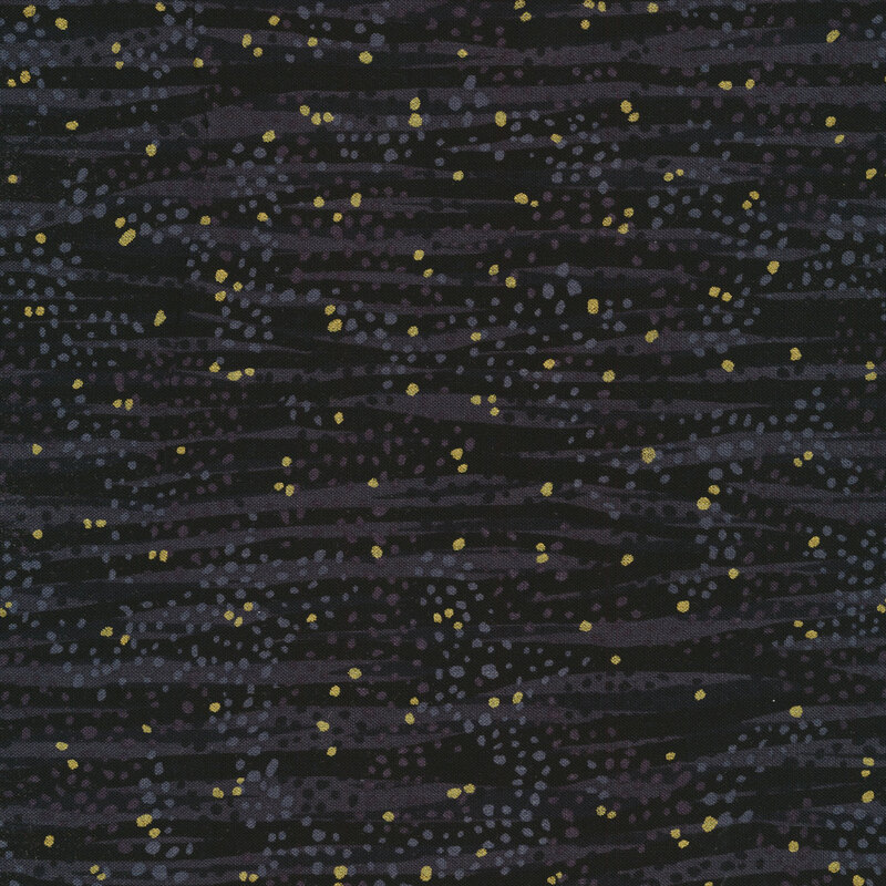 Tonal black fabric features waves and dots design with gold metallic accents | Shabby Fabrics