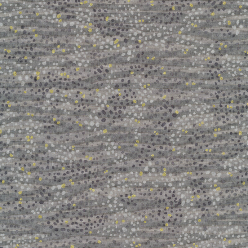 Tonal gray fabric features waves and dots design with gold metallic accents | Shabby Fabrics