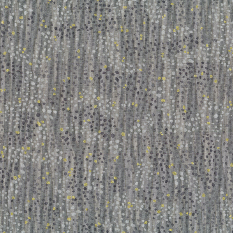 Tonal gray fabric features waves and dots design with gold metallic accents | Shabby Fabrics