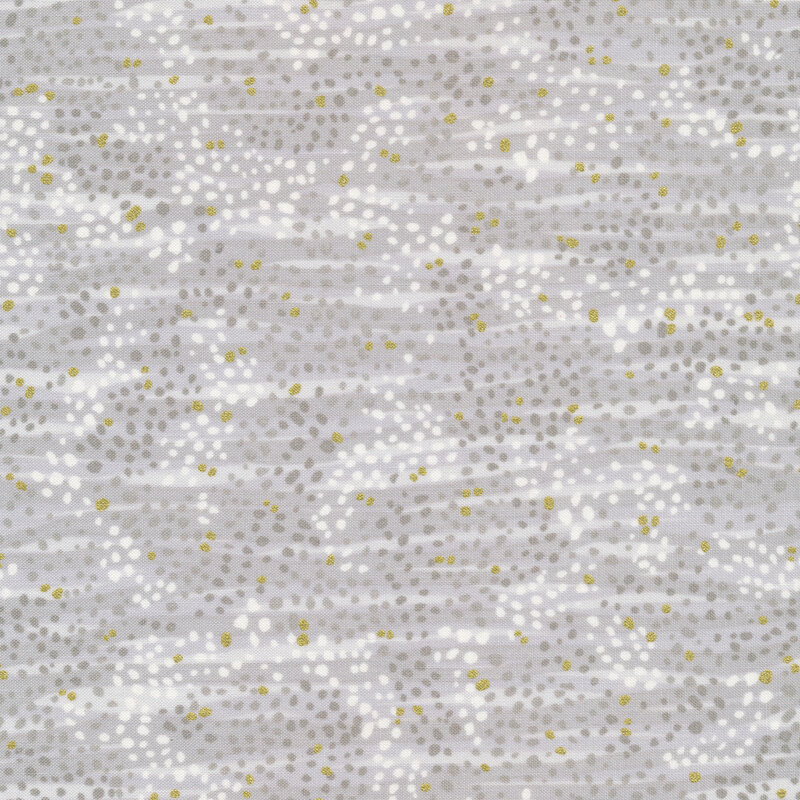 Tonal light gray fabric features waves and dots design with gold metallic accents | Shabby Fabrics