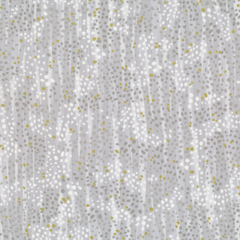 Tonal light gray fabric features waves and dots design with gold metallic accents | Shabby Fabrics
