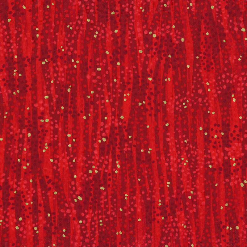 Tonal bright red fabric features waves and dots design with gold metallic accents | Shabby Fabrics