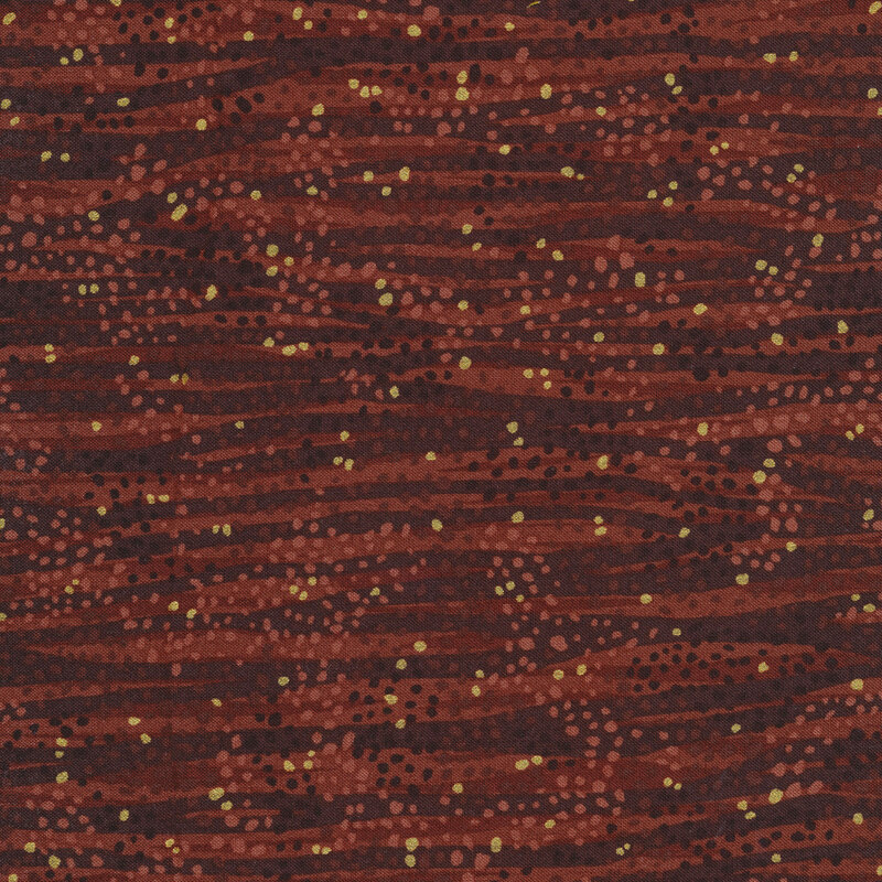 Tonal brown fabric features waves and dots design with gold metallic accents | Shabby Fabrics