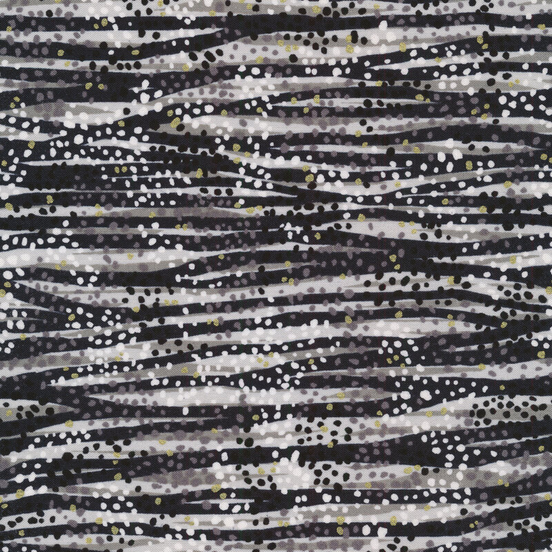 Tonal black white fabric features waves and dots design with gold metallic accents | Shabby Fabrics