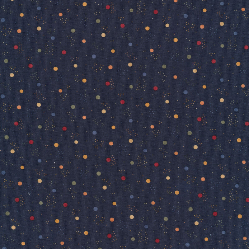 Small colorful dots and small black dot clusters on a navy background
