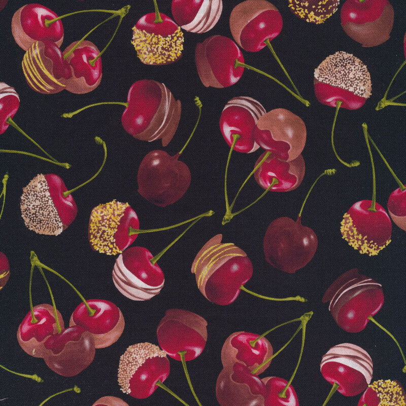 Black fabric features assorted chocolate dipped cherry clusters | Shabby Fabrics