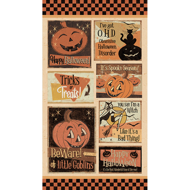 Retro halloween panel with pumpkins and fun halloween motos | Shabby Fabrics