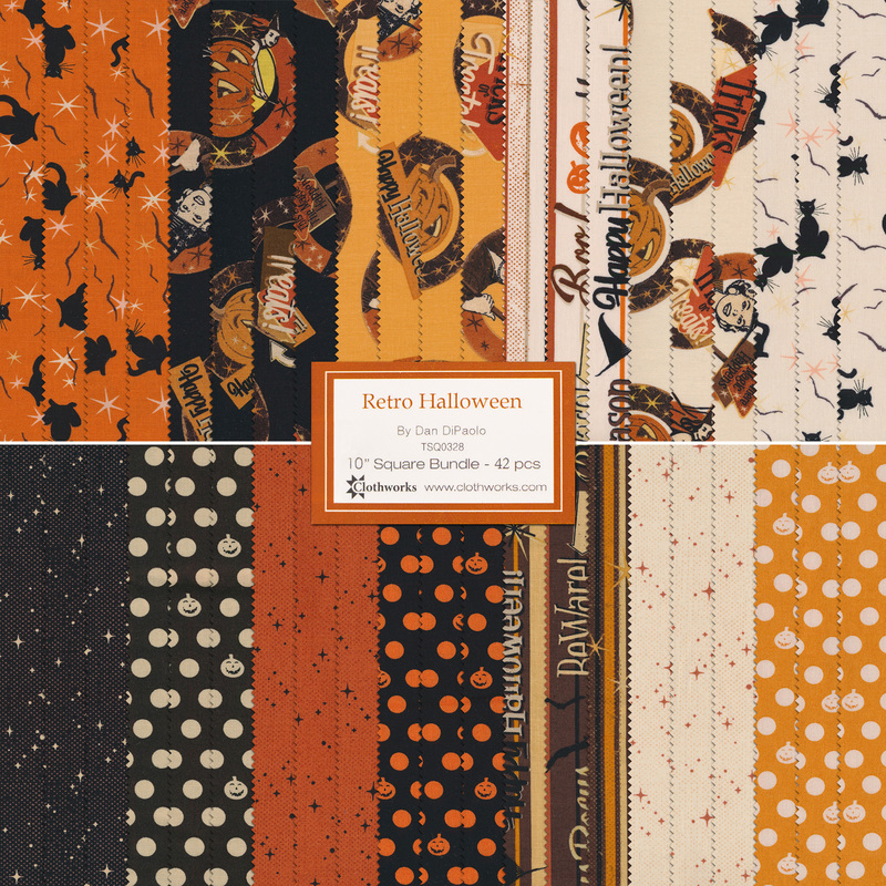 A collage of retro Halloween fabrics from the Retro Halloween Clothworks Layer Cake