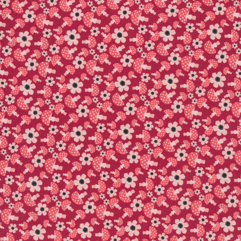 Tonal red tossed mushrooms and florals | Shabby Fabrics