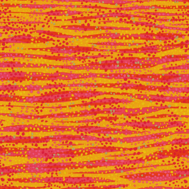 Tonal orange pink fabric features waves and dots design with metallic accents | Shabby Fabrics