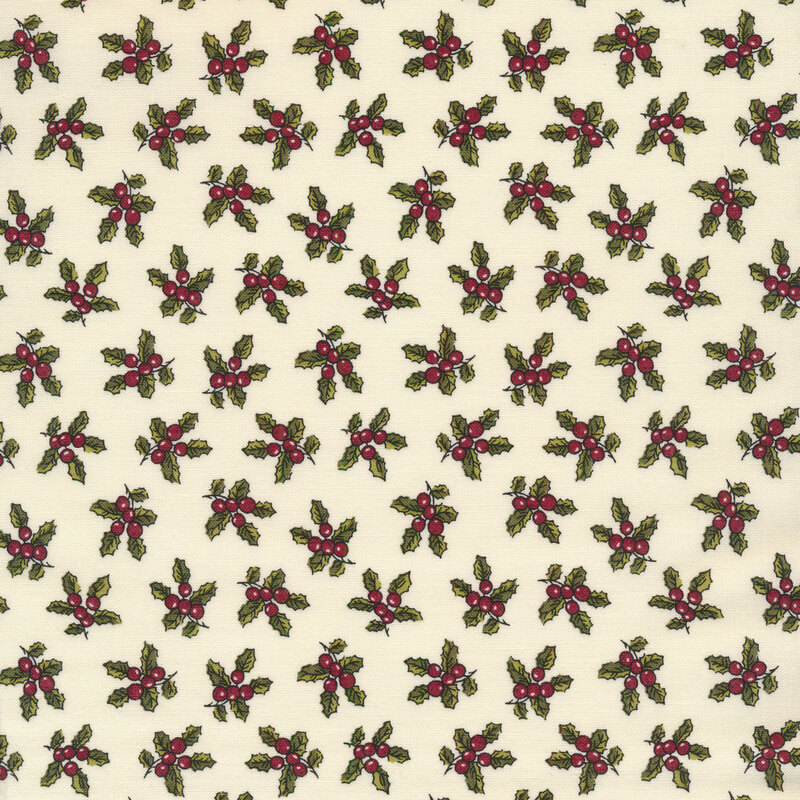 Cream fabric features green and red holly pattern | Shabby Fabrics