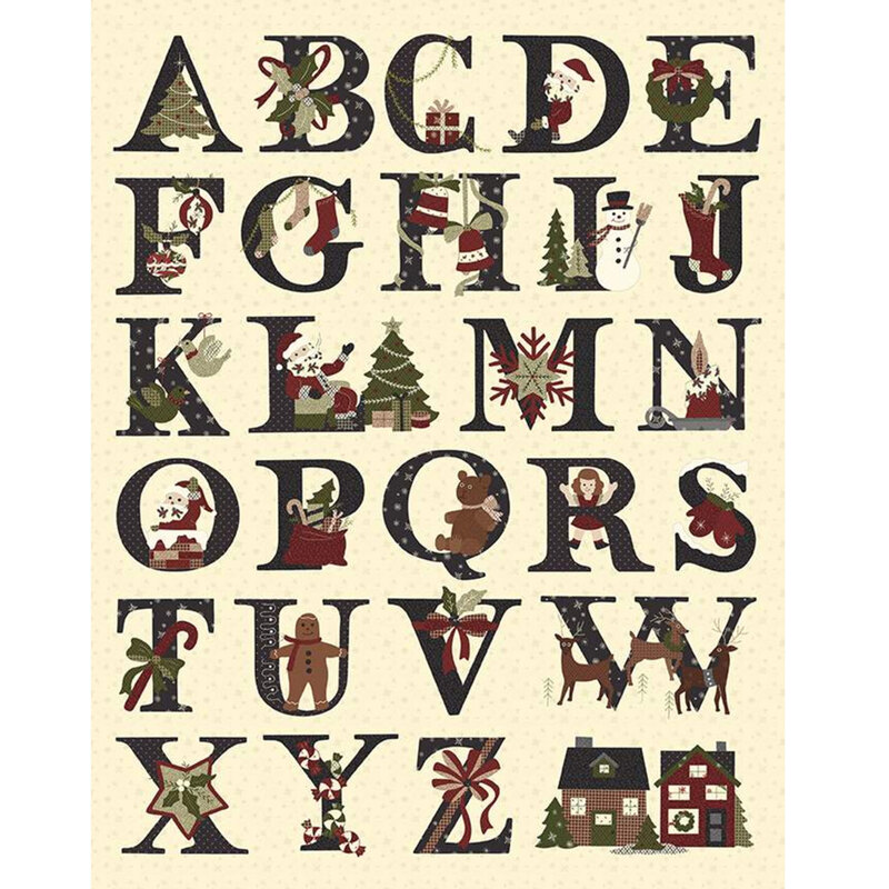 Cream panel features Christmas themed alphabet | Shabby Fabrics