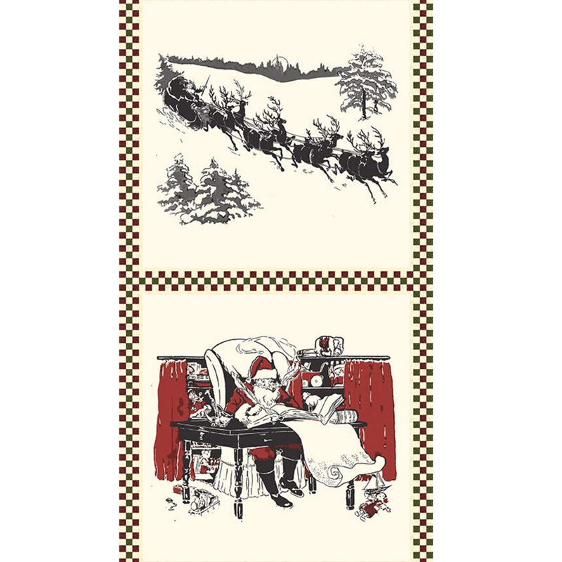 Cream pillow panel features grey red Santa and sleigh reindeer | Shabby Fabrics