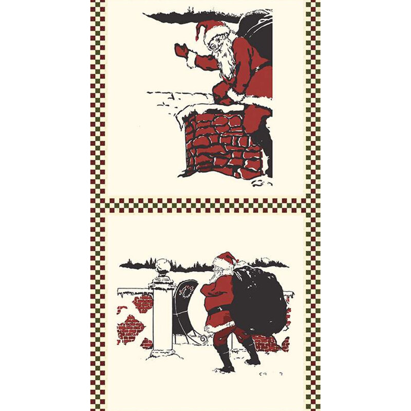 Cream pillow panel features grey red Santa with gift bag and chimney | Shabby Fabrics
