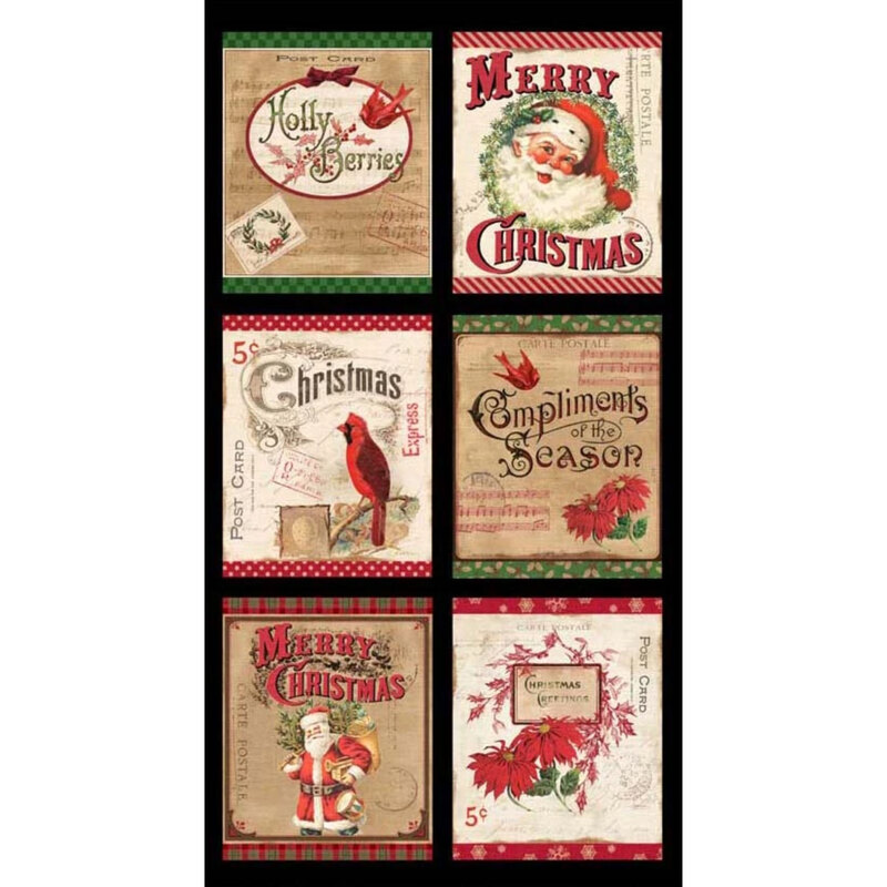 Quilt panel with 6 different blocks with Santa, Cardinals, and other Christmas sent | Shabby Fabrics
