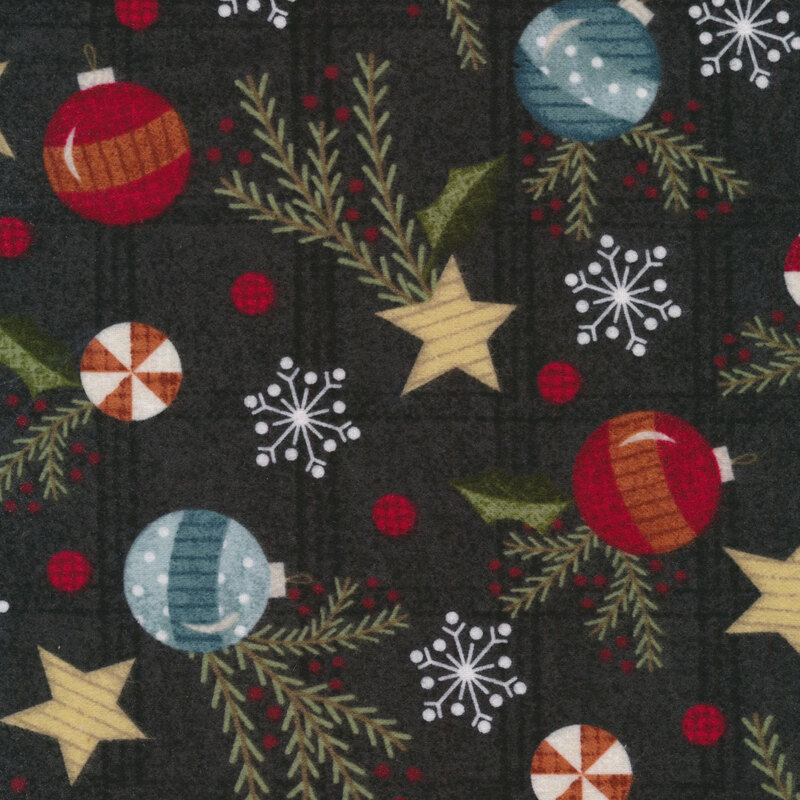 Tossed blue and red ornaments with snowflakes and stars all over black | Shabby Fabrics
