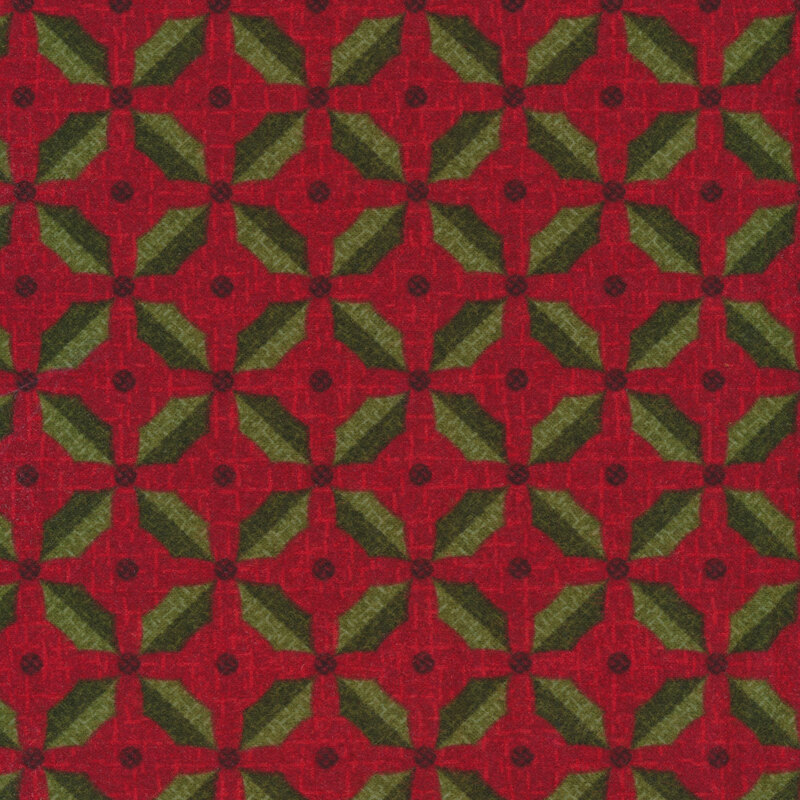 Green holly and red berries all over red | Shabby Fabrics