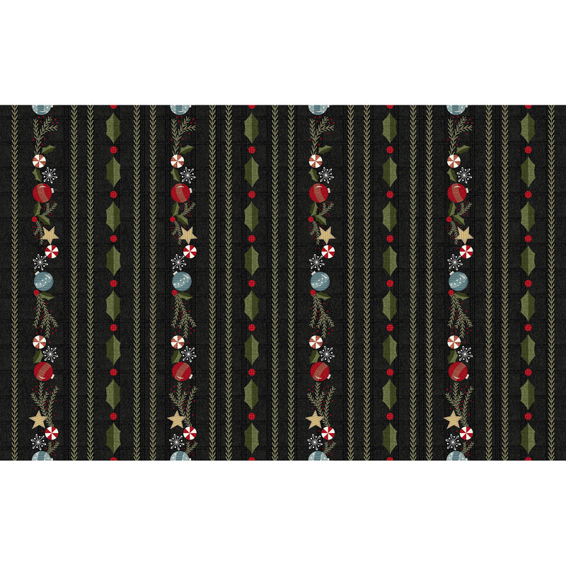 Border stripe of ornaments and holly all over black | Shabby Fabrics