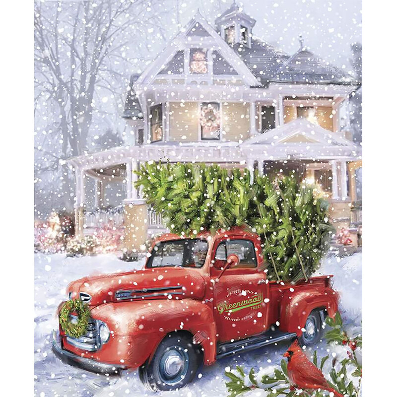 Fabric panel features red truck, Victorian home, trees on a snowy day | Shabby Fabrics