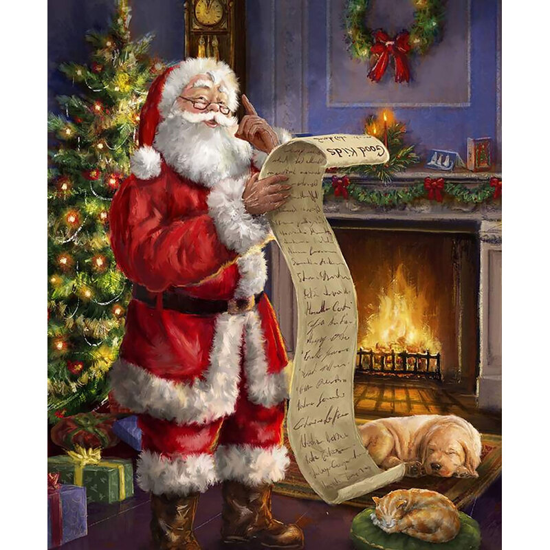Fabric panel features Santa reviewing list in front of fireplace and Christmas tree | Shabby Fabrics