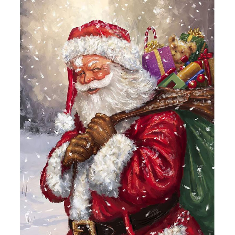 Fabric panel features jolly Santa with bag of gifts in snow | Shabby Fabrics