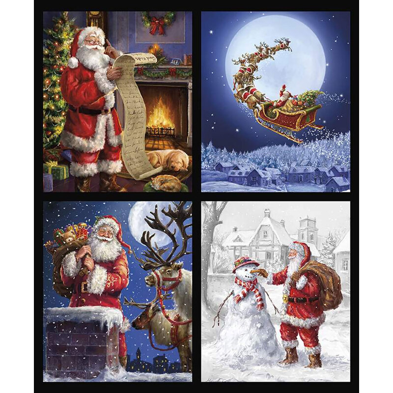 Fabric pillow panel features four Christmas Santa scenes | Shabby Fabrics