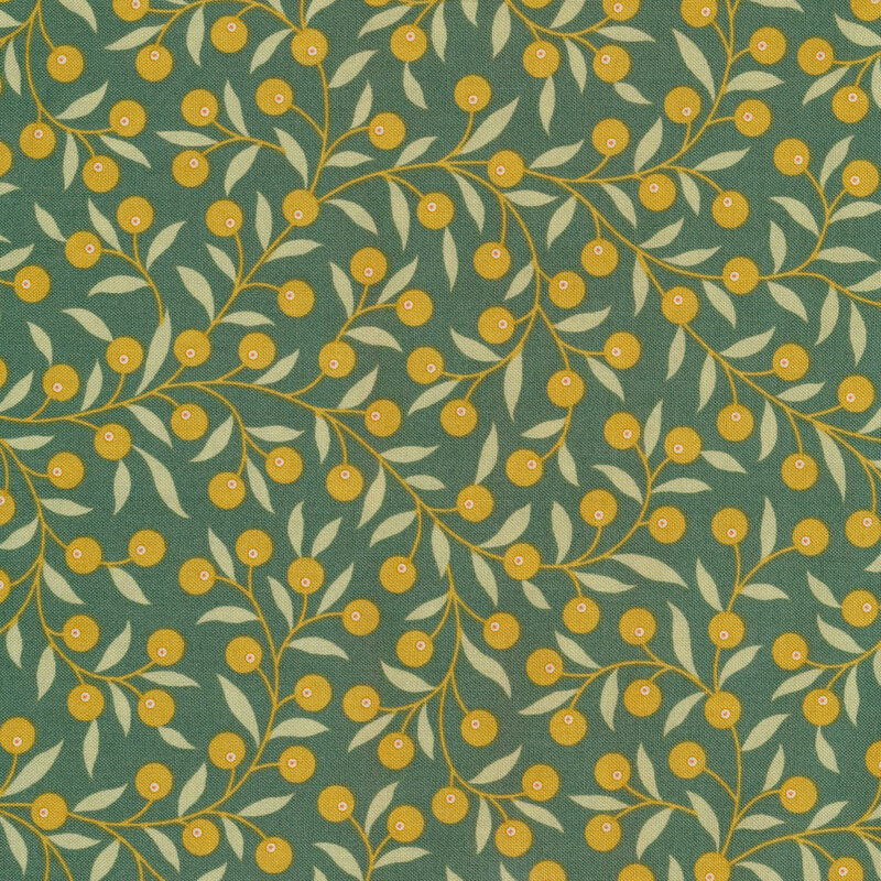 Light green berries and leaves all over green | Shabby Fabrics